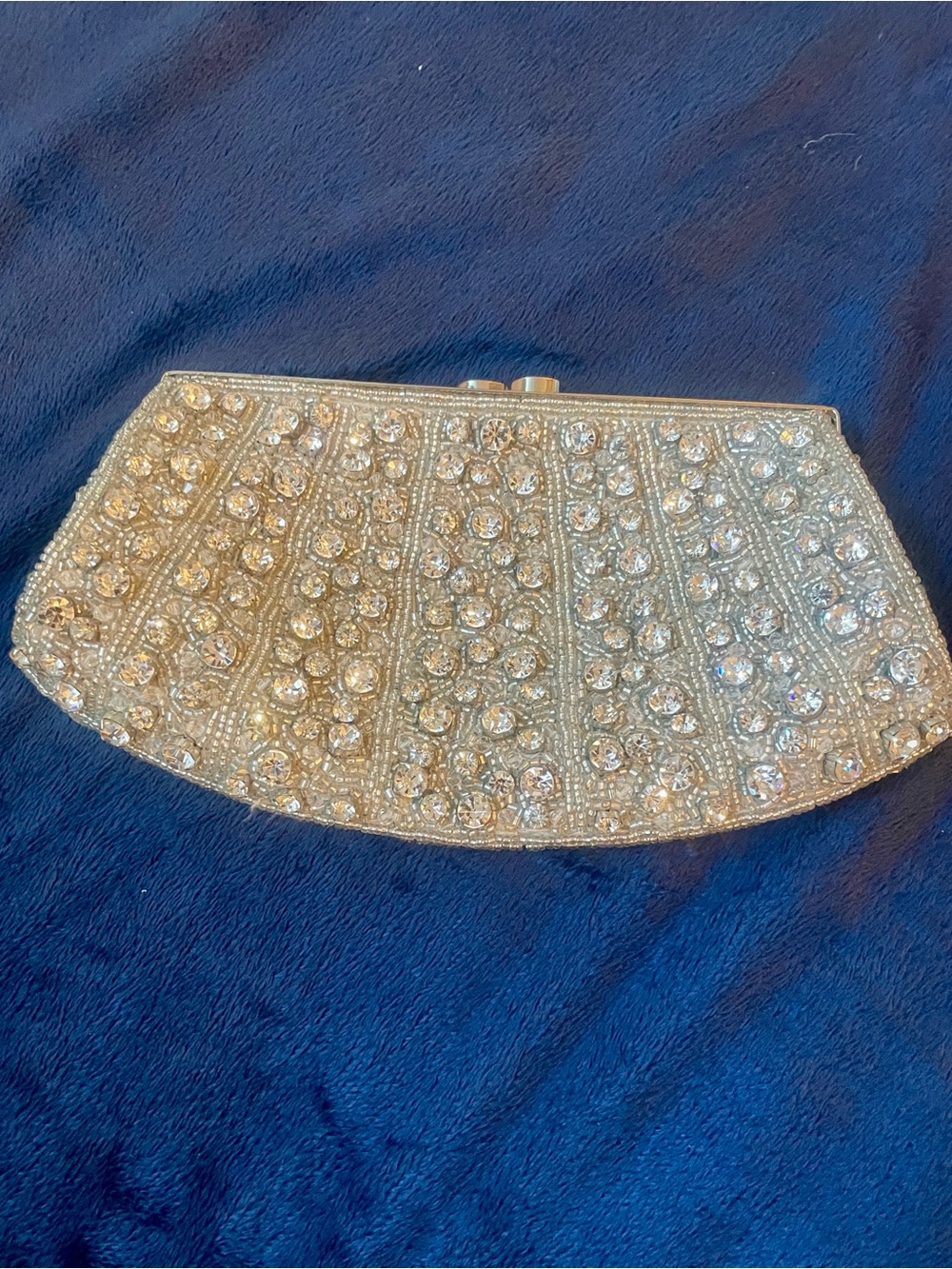 Gorgeous evening bag embellished with large rhinestones and silver clasp